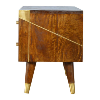 Geo Media Unit Chestnut Mango Wood Geometric Gold Brass Diagonal Inlay Drawers with Gold-Plated Feet