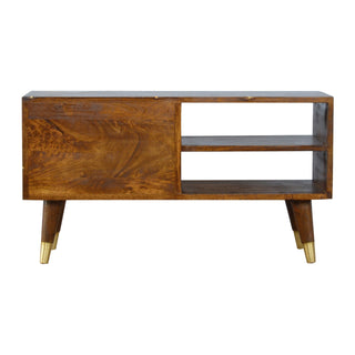 Geo Media Unit Chestnut Mango Wood Geometric Gold Brass Diagonal Inlay Drawers with Gold-Plated Feet