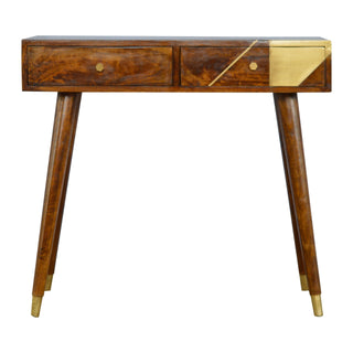 Aurea Console Table with Drawers Gold Geometric Panel Chestnut Wood