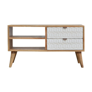 Lyra Media Unit Oak & White Geometric Carved Drawers with Nordic Tapered Legs
