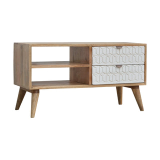 Lyra Media Unit Oak & White Geometric Carved Drawers with Nordic Tapered Legs