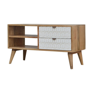 Lyra Media Unit Oak & White Geometric Carved Drawers with Nordic Tapered Legs