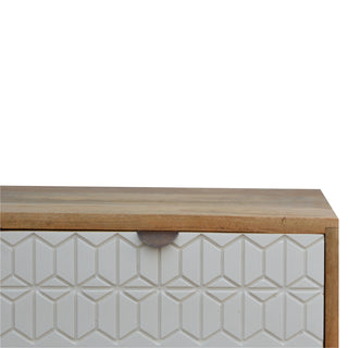 Lyra Media Unit Oak & White Geometric Carved Drawers with Nordic Tapered Legs