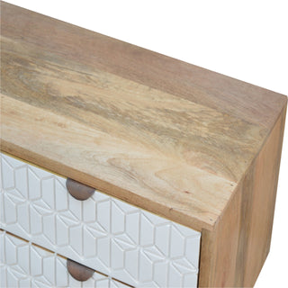 Lyra Media Unit Oak & White Geometric Carved Drawers with Nordic Tapered Legs