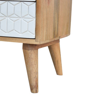 Lyra Media Unit Oak & White Geometric Carved Drawers with Nordic Tapered Legs