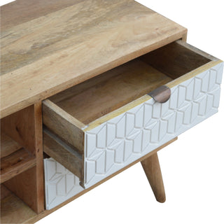 Lyra Media Unit Oak & White Geometric Carved Drawers with Nordic Tapered Legs