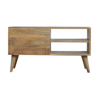 Lyra Media Unit Oak & White Geometric Carved Drawers with Nordic Tapered Legs