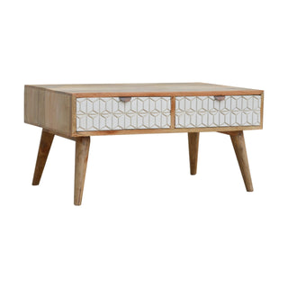 Nova Coffee Table with Storage Drawers White Geometric Carved Front