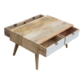 Nova Coffee Table with Storage Drawers White Geometric Carved Front