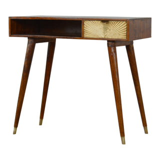 Solaris Writing Desk Mango Wood Brass Sunrise Drawer With Gold Leg Caps