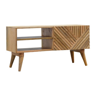 Raven Media Unit Raw Oak Mango Wood Diagonal Linear Groove Carved Drawers No-Knob with Nordic Legs