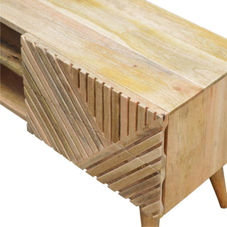Raven Media Unit Raw Oak Mango Wood Diagonal Linear Groove Carved Drawers No-Knob with Nordic Legs