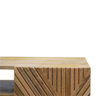 Raven Media Unit Raw Oak Mango Wood Diagonal Linear Groove Carved Drawers No-Knob with Nordic Legs