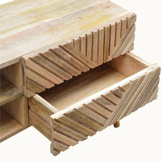 Raven Media Unit Raw Oak Mango Wood Diagonal Linear Groove Carved Drawers No-Knob with Nordic Legs