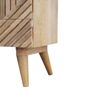 Raven Media Unit Raw Oak Mango Wood Diagonal Linear Groove Carved Drawers No-Knob with Nordic Legs