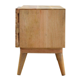 Raven Media Unit Raw Oak Mango Wood Diagonal Linear Groove Carved Drawers No-Knob with Nordic Legs
