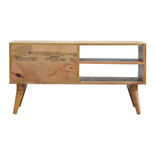 Raven Media Unit Raw Oak Mango Wood Diagonal Linear Groove Carved Drawers No-Knob with Nordic Legs