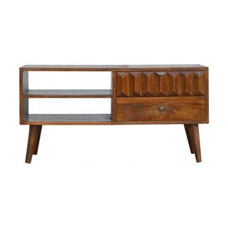 Ridge Media Unit Chestnut Mango Wood Raised Arch-Ridge Carved Drawer Front with Nordic Tapered Legs