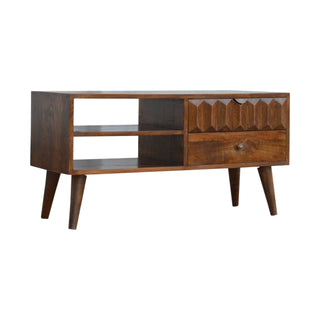 Ridge Media Unit Chestnut Mango Wood Raised Arch-Ridge Carved Drawer Front with Nordic Tapered Legs