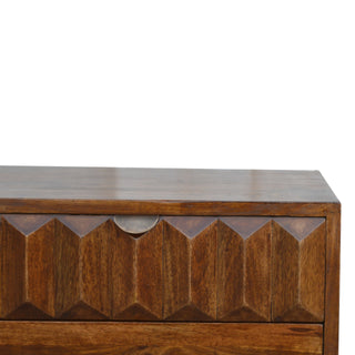 Ridge Media Unit Chestnut Mango Wood Raised Arch-Ridge Carved Drawer Front with Nordic Tapered Legs