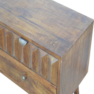 Ridge Media Unit Chestnut Mango Wood Raised Arch-Ridge Carved Drawer Front with Nordic Tapered Legs
