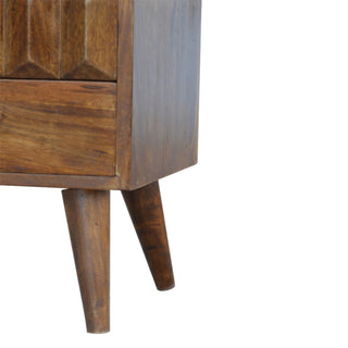 Ridge Media Unit Chestnut Mango Wood Raised Arch-Ridge Carved Drawer Front with Nordic Tapered Legs