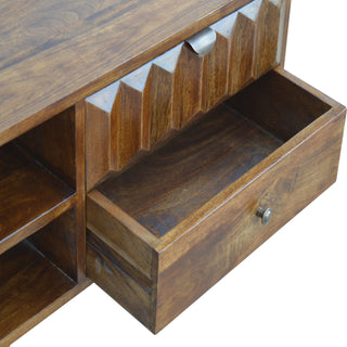 Ridge Media Unit Chestnut Mango Wood Raised Arch-Ridge Carved Drawer Front with Nordic Tapered Legs