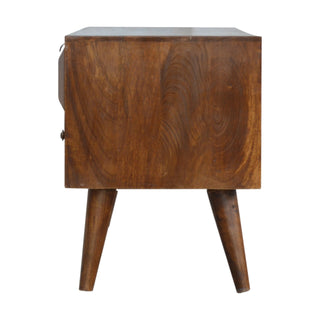 Ridge Media Unit Chestnut Mango Wood Raised Arch-Ridge Carved Drawer Front with Nordic Tapered Legs