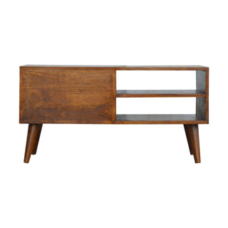 Ridge Media Unit Chestnut Mango Wood Raised Arch-Ridge Carved Drawer Front with Nordic Tapered Legs