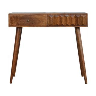 Kael Console Table with Drawers Raised Pyramid Carved Chestnut Wood
