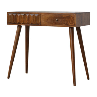 Kael Console Table with Drawers Raised Pyramid Carved Chestnut Wood