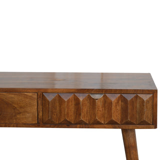 Kael Console Table with Drawers Raised Pyramid Carved Chestnut Wood