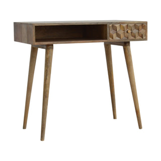 Wren Writing Desk Mango Wood Cube-Carved Drawer Bleached Oak With Open Slot