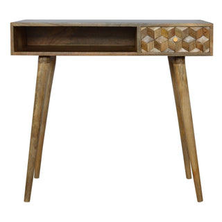 Wren Writing Desk Mango Wood Cube-Carved Drawer Bleached Oak With Open Slot