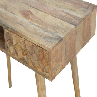 Wren Writing Desk Mango Wood Cube-Carved Drawer Bleached Oak With Open Slot