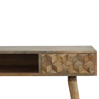 Wren Writing Desk Mango Wood Cube-Carved Drawer Bleached Oak With Open Slot