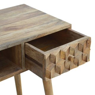 Wren Writing Desk Mango Wood Cube-Carved Drawer Bleached Oak With Open Slot