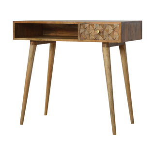Facet Writing Desk Mango Wood Diamond Cube-Carved Drawer With Brass Knob