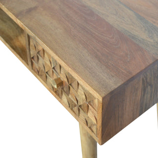 Facet Writing Desk Mango Wood Diamond Cube-Carved Drawer With Brass Knob