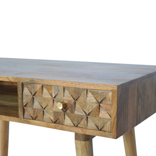 Facet Writing Desk Mango Wood Diamond Cube-Carved Drawer With Brass Knob