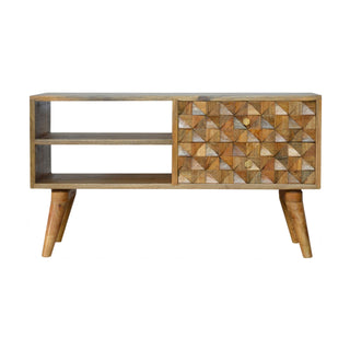 Facet Media Unit Natural Oak Mango Wood 3D Cube Faceted Carved Mosaic Drawers with Nordic Legs