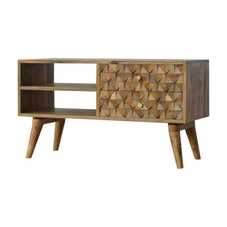 Facet Media Unit Natural Oak Mango Wood 3D Cube Faceted Carved Mosaic Drawers with Nordic Legs