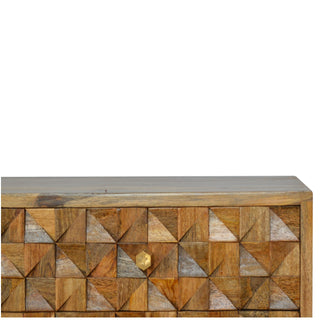 Facet Media Unit Natural Oak Mango Wood 3D Cube Faceted Carved Mosaic Drawers with Nordic Legs