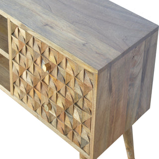 Facet Media Unit Natural Oak Mango Wood 3D Cube Faceted Carved Mosaic Drawers with Nordic Legs