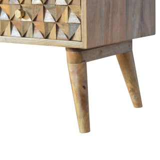 Facet Media Unit Natural Oak Mango Wood 3D Cube Faceted Carved Mosaic Drawers with Nordic Legs