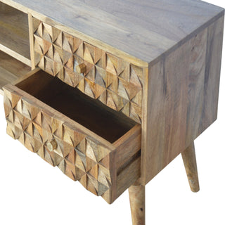 Facet Media Unit Natural Oak Mango Wood 3D Cube Faceted Carved Mosaic Drawers with Nordic Legs