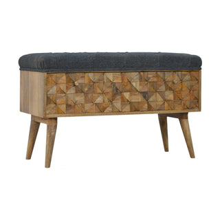 Facet Storage Bench Grey Tweed Button Tufted Lift-Top Hand-Carved Diamond Front Nordic Legs