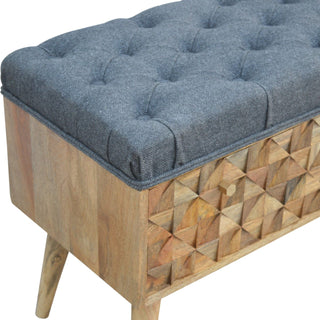 Facet Storage Bench Grey Tweed Button Tufted Lift-Top Hand-Carved Diamond Front Nordic Legs