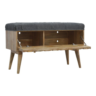 Facet Storage Bench Grey Tweed Button Tufted Lift-Top Hand-Carved Diamond Front Nordic Legs