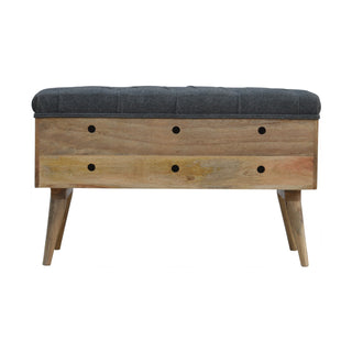 Facet Storage Bench Grey Tweed Button Tufted Lift-Top Hand-Carved Diamond Front Nordic Legs